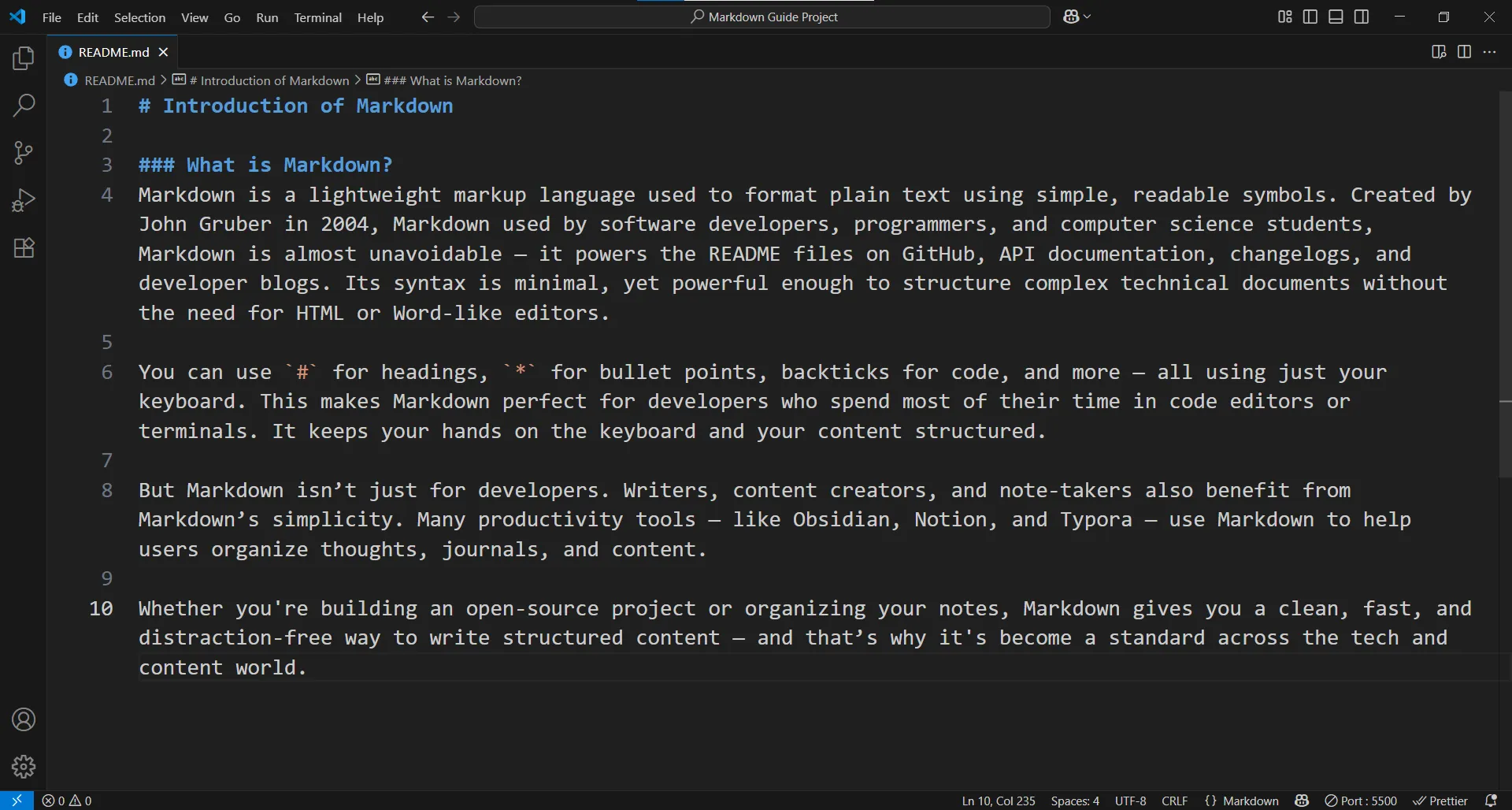 Screenshot of text editor showing overview of markdown