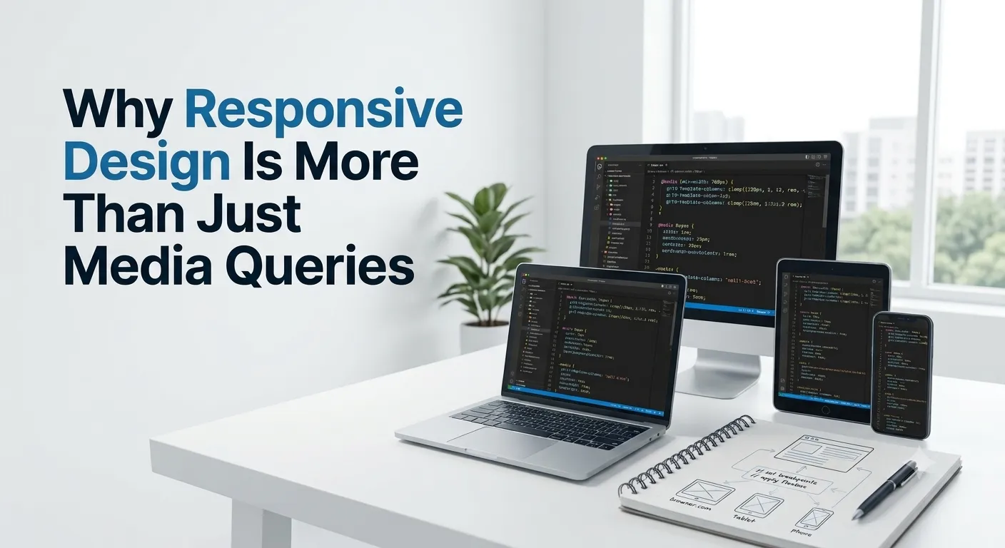 Infographic detailing responsive design elements, showcasing the role of accessibility and performance alongside media queries.